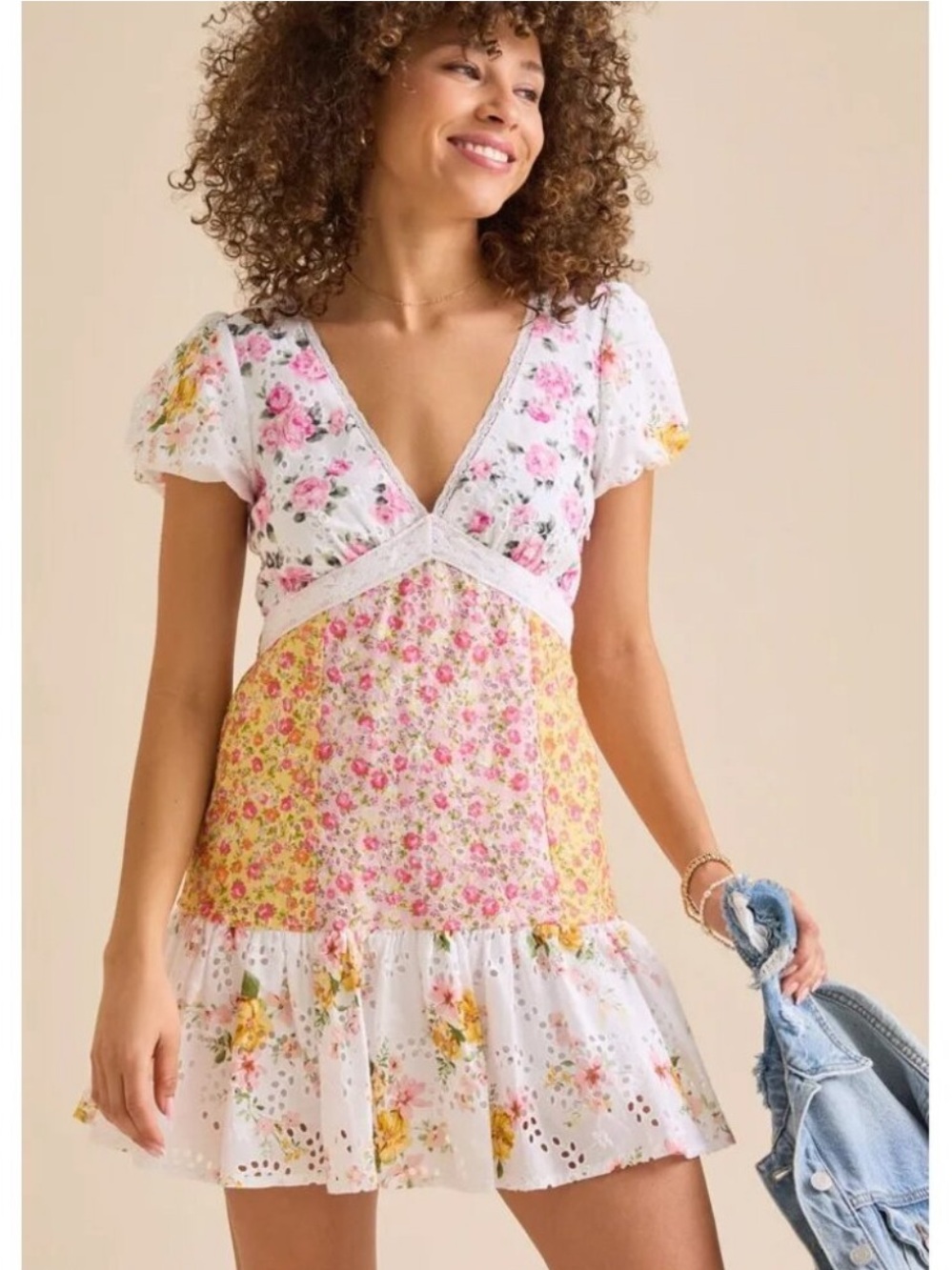 Altar’d State Reising Floral Patchwork Eyelet Mini Dress Cottagecore Boho Large